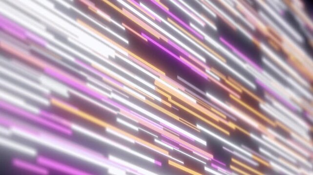 Soft-focus neon streaks in white, violet, pink, and amber slash diagonally across the frame against a muted dark backdrop. Abstract motion graphic background. Colorful cosmic backdrop.