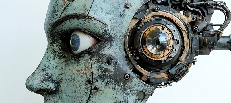 A robotic face with a mechanical eye