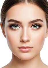 Fototapeta premium Young caucasian woman, extreme close-up, vibrant green eyes, long dark eyelashes, subtle natural makeup, calm expression, soft light grey studio background, diffuse shadowless lighting, natural