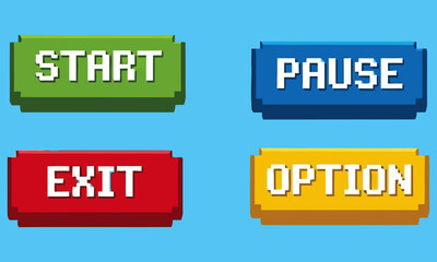 Fototapeta premium Retro Pixel Art Game Button Set Featuring Start, Pause, Exit, and Option Commands, Colorful 8-Bit UI Elements for Video Game Interface Design, Indie Game Asset Pack Isolated on Blue Background