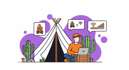 Fototapeta premium Cartoon Man Works Remotely in Desert Tent, Laptop in Hand, Cacti Surrounding, Thought Bubbles of Fire and Growth