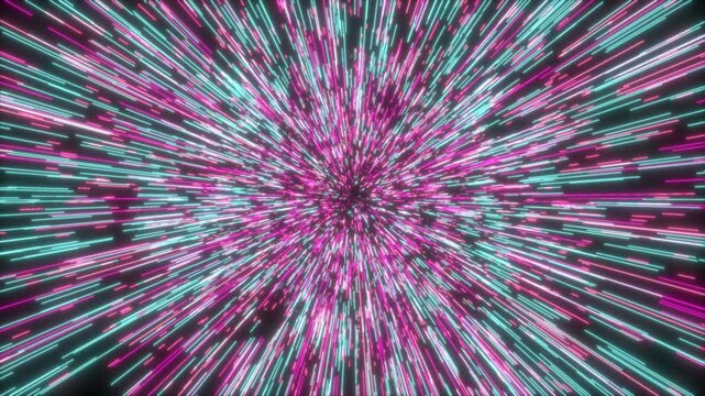 Abstract warp-speed motion graphics clip thousands of glowing pink, purple, and blur light streaks burst outward from a dark central point. Colorful dynamic starlight background. Cosmic motion graphic