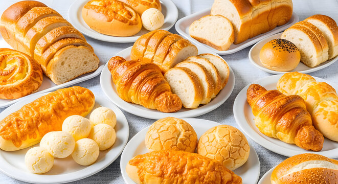 Assorted freshly baked breads and pastries on white plates variety of textures and shapes appetizing display breakfast or snack concept