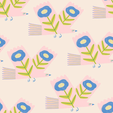 Pattern with flying bird decorated by flowers