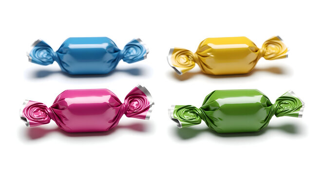 Colorful wrapped candies in blue yellow pink and green on white background sweet treats for snacking and dessert