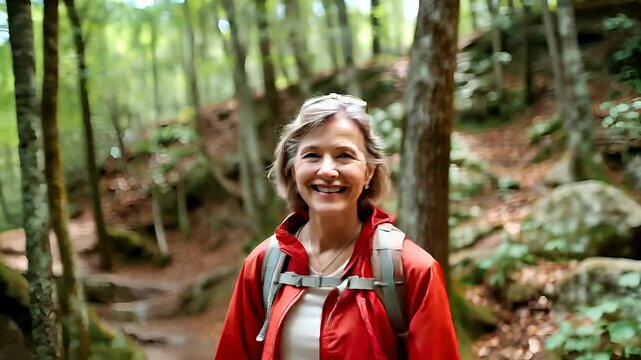 Explore adventure journey achievement outdoor in National Park. A woman in a red jacket smiling while hiking in a forest, with a backpack on her back. The background is slightly blurred.