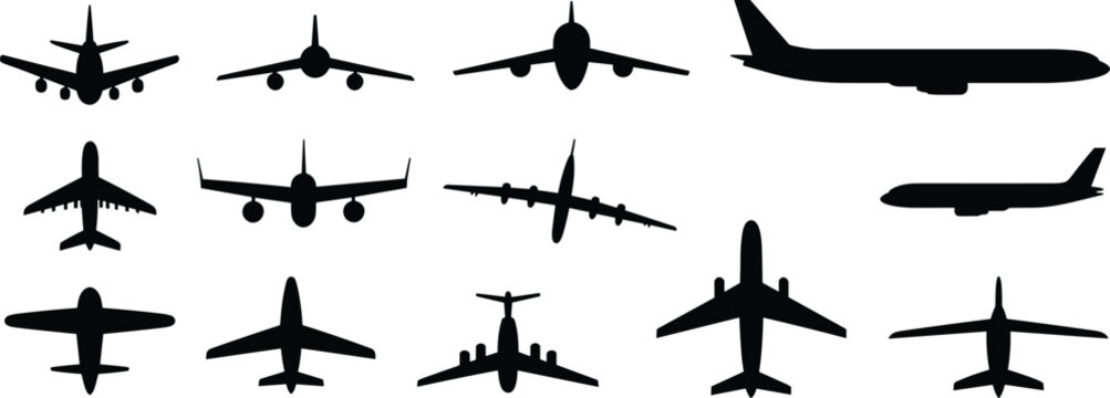 Airplane silhouette vector set showing commercial aircraft from multiple angles, minimalist aviation illustration for travel, transportation, airport icons, logistics design, and infographic use stock