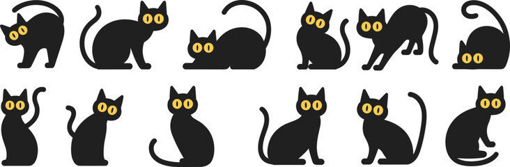Black cat silhouette vector set with yellow eyes, multiple cute poses, minimalist Halloween illustration for icons, stickers, decorations, and spooky design projects stock © MSTALIFNUR