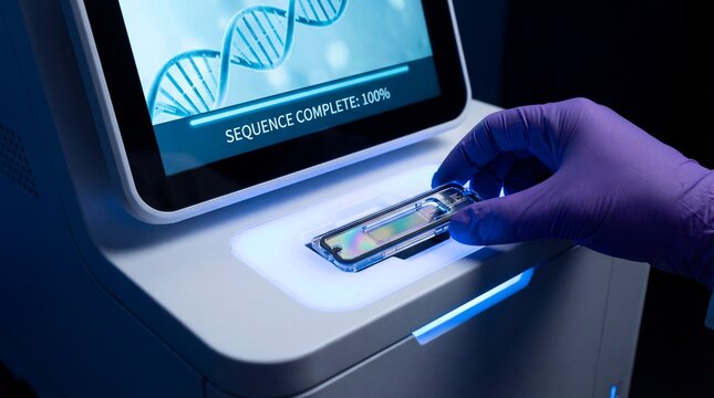Close up on a hand in a purple glove placing a sample in a DNA sequencer machine with a DNA helix displayed on the screen