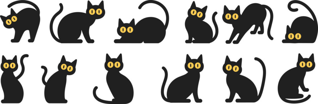 Black cat silhouette vector set with yellow eyes, multiple cute poses, minimalist Halloween illustration for icons, stickers, decorations, and spooky design projects stock