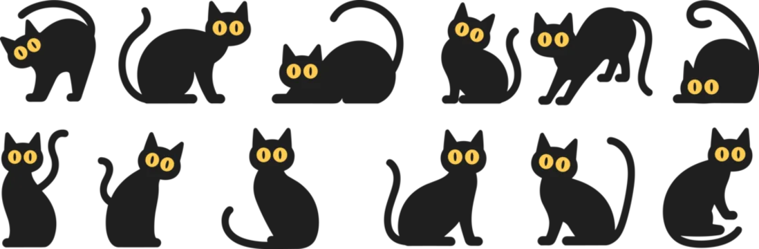 Black cat silhouette vector set with yellow eyes, multiple cute poses, minimalist Halloween illustration for icons, stickers, decorations, and spooky design projects stock
