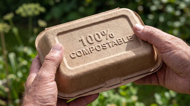 Close-up of hands holding a 100% compostable food container, emphasizing eco-friendly packaging and sustainable practices amidst a natural green background.