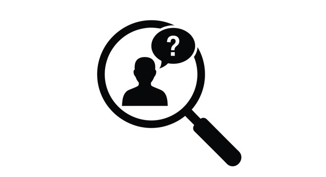 Black silhouette of a person inside a magnifying glass with a question mark