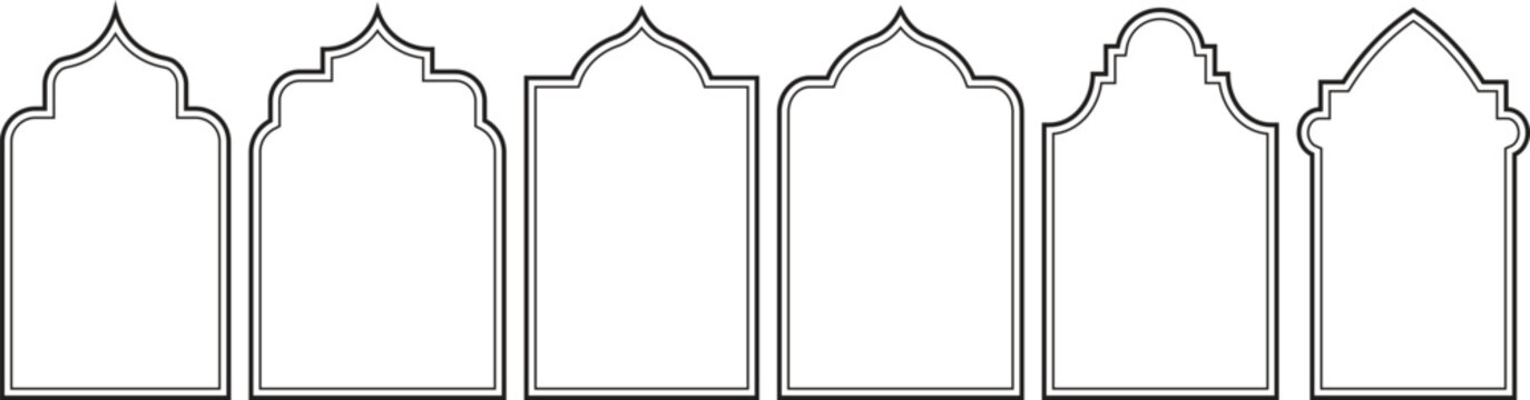 Islamic Arched Window Frames, Arabic Line Art Borders for Ramadan