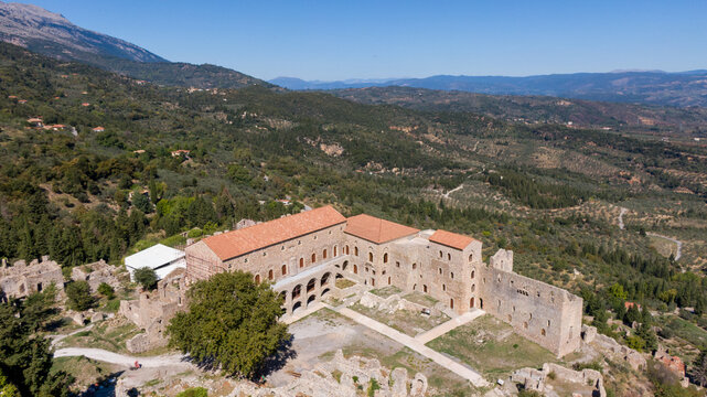 Aerial view of the medieval Byzantine city of Mystras, Peloponnese, Greece