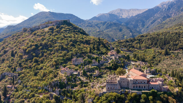 Aerial view of the medieval Byzantine city of Mystras, Peloponnese, Greece