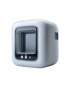 Compact white wall-mounted tech device with touchscreen interface, 3D smart access system render