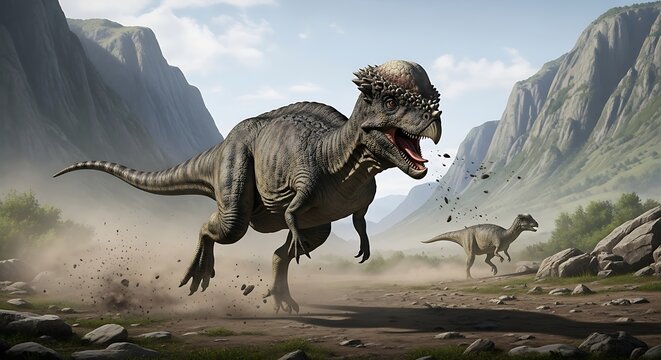 A large dinosaur sprints across a dusty plain, with another in the background, mountains visible