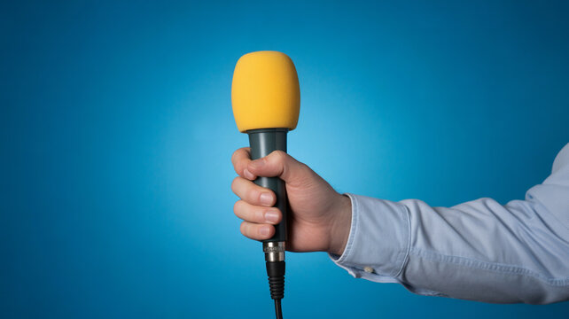Hand holding a microphone with yellow windscreen on a blue background