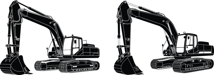 Hydraulic excavator illustration set, heavy construction machinery silhouettes, tracked digger equipment vector isolated on white background industrial engineering design collection © New World