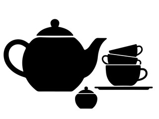 Black Silhouette Icon of Full Tea Service Set with Pot and Cups