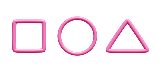 Pink gradient geometric doodle set with 3D tube borders - square frame, circular ring and triangle outline. Abstract glossy shapes in vibrant color, smooth curves and playful modern design.