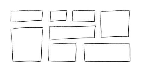 Hand drawn crayon box frame with black pen border and doodle rectangle shape. Childish chalk texture with rough brush strokes. Cute pastel frames for school or kindergarten posters, text design.