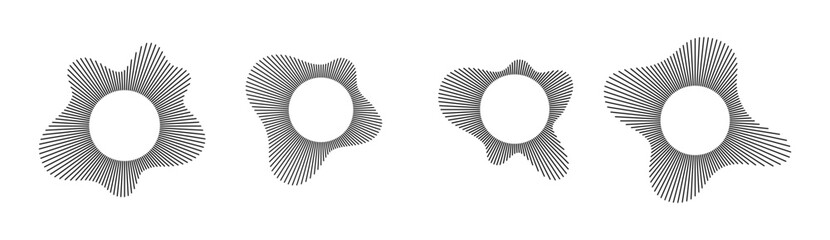 Sound wave icon with circular radial pattern and music audio lines. Abstract concentric soundwave graphic featuring ripple effect, pulse energy and geometric burst design on white background.