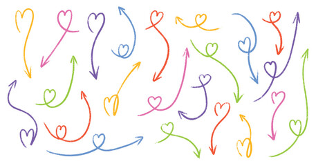 Crayon heart arrow doodle set with hand drawn marker sketches. Multicolored chalk pointer icons, pencil scribbles and brush strokes. Colorful rough texture elements for Valentine Day romantic design.