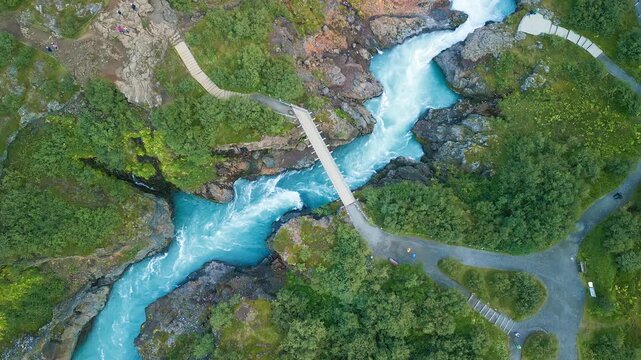 Aerial drone view of Barnafoss and Hraunfossars waterfall in west Iceland