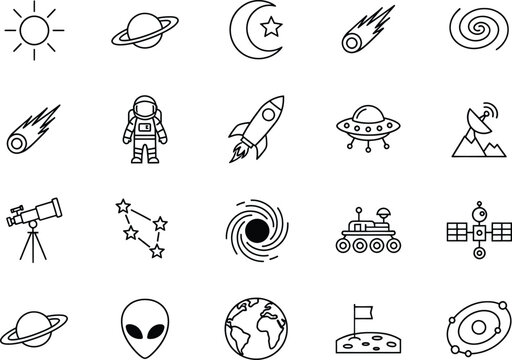 Astronomy icons set with space objects and celestial bodies in minimalist line art style for educational and design use