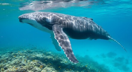 Fototapeta premium A majestic humpback whale swims peacefully in clear, turquoise ocean waters, near coral