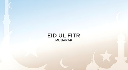 Naklejka premium Eid Ul Fitr Mubarak: Crescent Moons and Stars Shine Over Mosque Silhouettes on a Soft Blue and Beige Canvas — A Serene Tribute to Faith, Unity, and the Joyful Spirit of Ramadan’s End