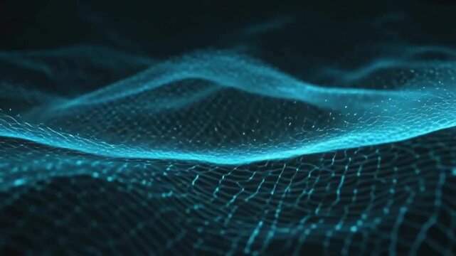 Beautiful abstract wave technology background featuring flowing wave forms made of blue light and digital particles. Elegant motion with glowing lines and dots, subtle data-inspired patterns