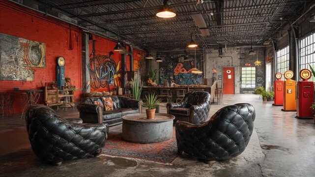 Interior of a loft space with a red brick wall, leather furniture, and industrial elements