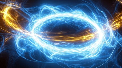 Light diffraction rings laser interference energy waves concentric elliptical patterns electric blue golden yellow spectral luminous trails dark backdrop physics phenomena