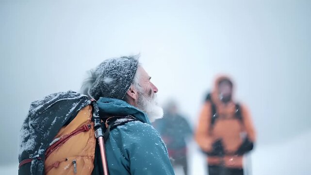 Explore adventure journey achievement outdoor in National Park. A man with a beard and a backpack standing in the snow. He is wearing a jacket and a cap, and the background is blurred.