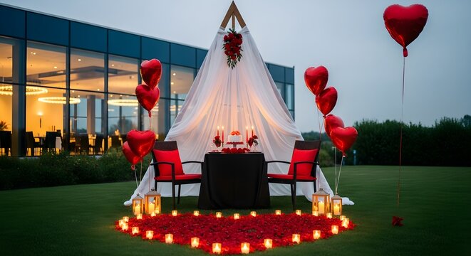 Luxurious outdoor romantic dinner setup featuring a draped canopy red roses candles and heart shaped balloons against a modern building backdrop