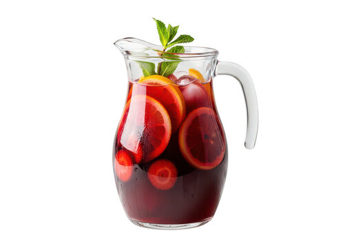 Refreshing sangria in a glass pitcher with citrus and mint on transparent background
