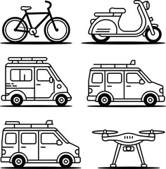 A collection of transportation icons featuring various vehicles in black and white line art