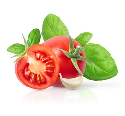 Fresh tomato basil garlic isolated on white