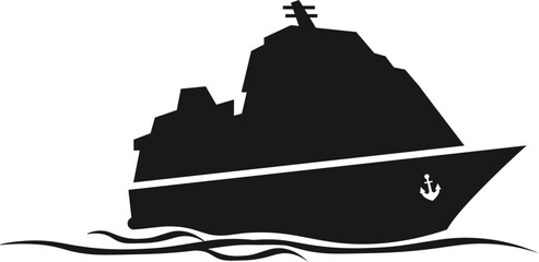 Cruise ship sailing gracefully on stylized waves, a bold black and white vector illustration