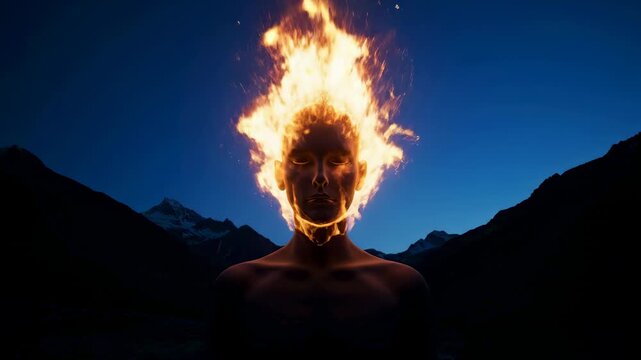 This is a surreal image of a humanoid figure whose head is composed entirely of fire