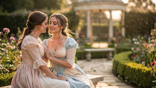 Zwei Frauen in Regency Kleid teilen z&auml;rtliche N&auml;he im Rosengarten einer verborgenen Liebe