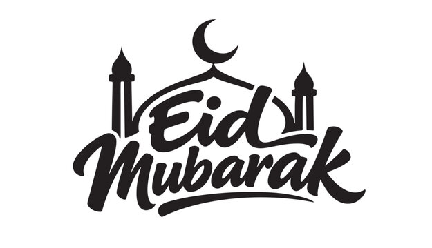 Minimalist Black Eid Mubarak logo with mosque, minarets and crescent moon, for Eid ul Fitr and Eid ul Adha projects, ensuring a clean look on any background or print material.