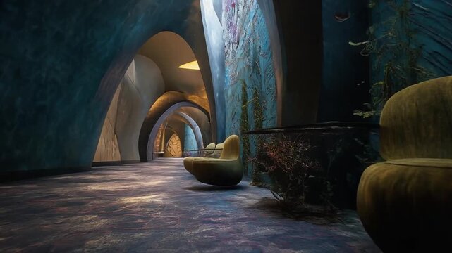 A cavernous interior with archways, textured walls, plush seating, and a water-like patterned floor