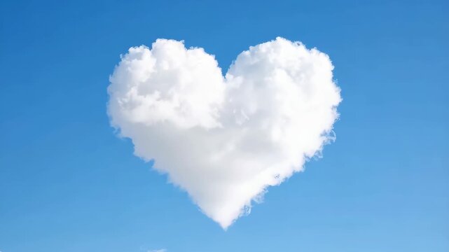 Heart shaped cloud formation in clear blue sky. Serene scene of nature, love, care, hope, and peace.