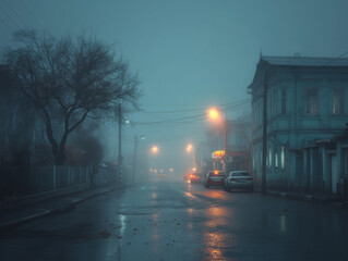 Obraz premium Foggy morning street of a town. Copy space. Realism. Stock photo. High detail.