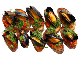 A close-up view of appetizing mussels on top of toasted bread, with a red sauce and herbs Isolated Transparent Background, PNG