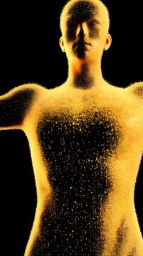 Abstract rendering of a human figure with a granulated, pointillist texture, arms extended on black background, anatomy, medical, golden lighting